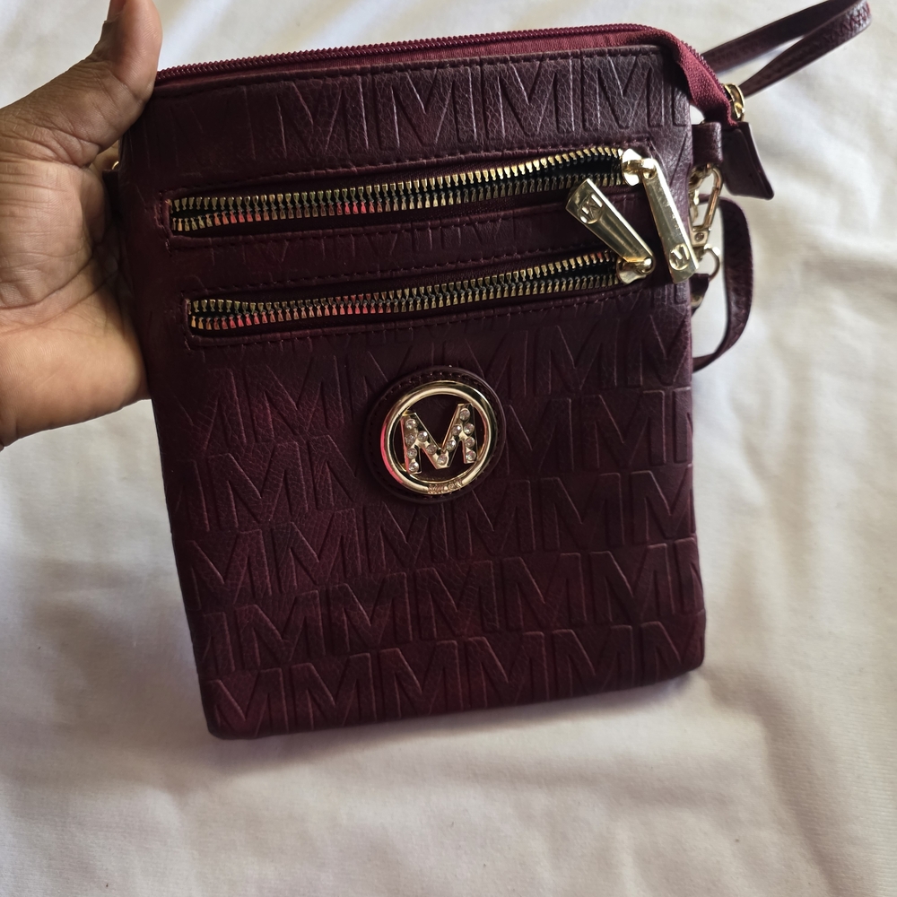 M-Logo Embossed Crossbody Bag in Burgundy